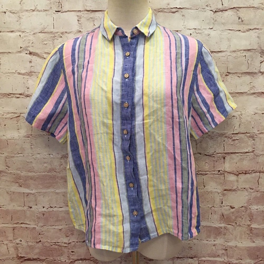 C & C California Linen Boxy Crop Shirt Wood Buttons Summer Striped  Womens XS
